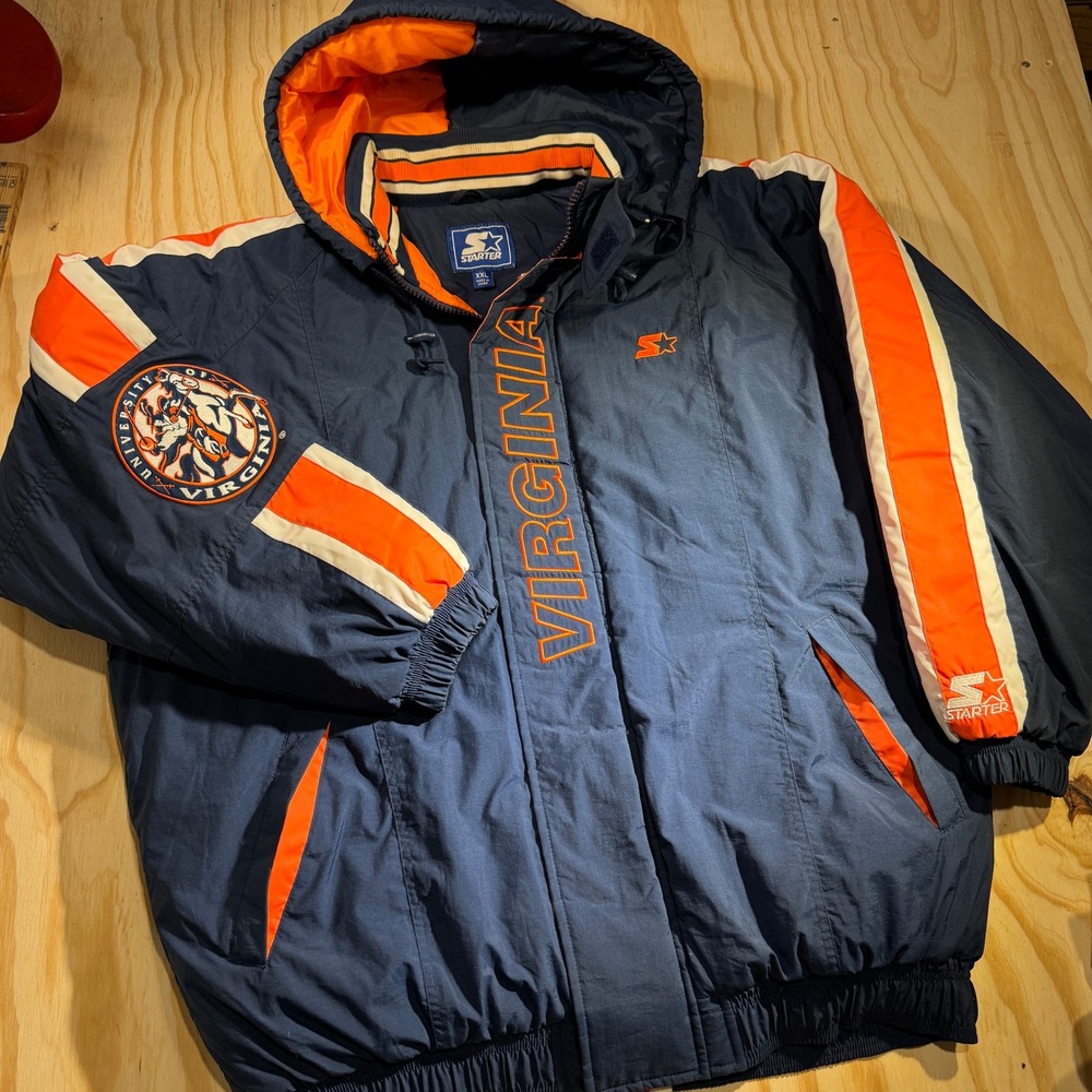 90s Starter Men's Virginia Cavaliers Vintage Puffer Jacket Navy Orange Size XXL
